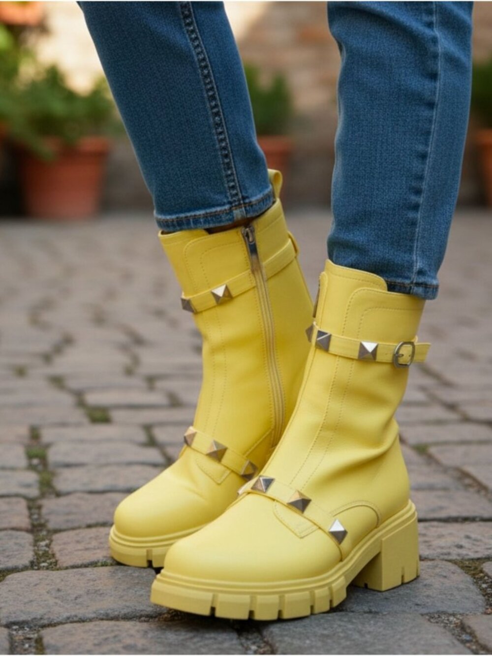Yellow Studded Chunky Heel Ankle Boots Womens Zip Platform Combat Style